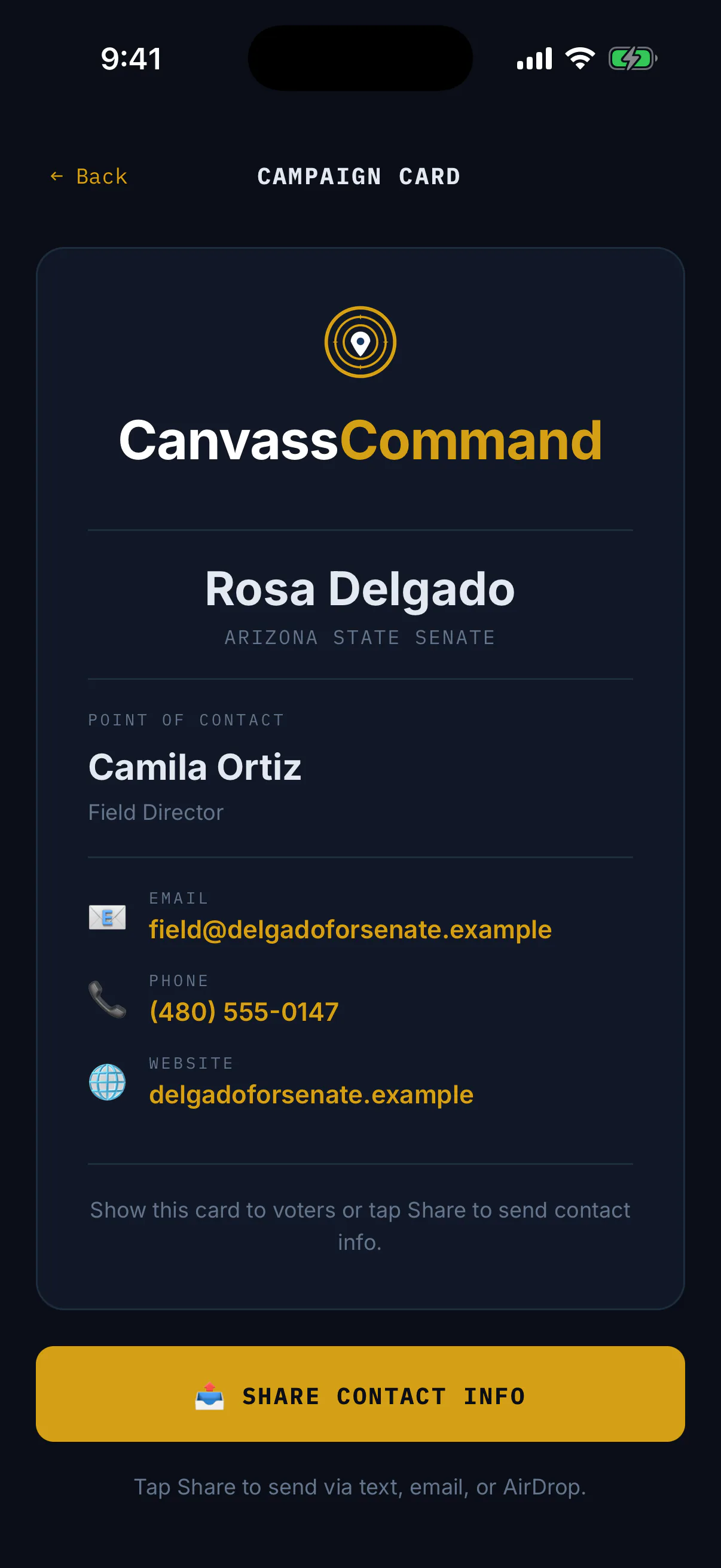 Digital campaign business card with a share button