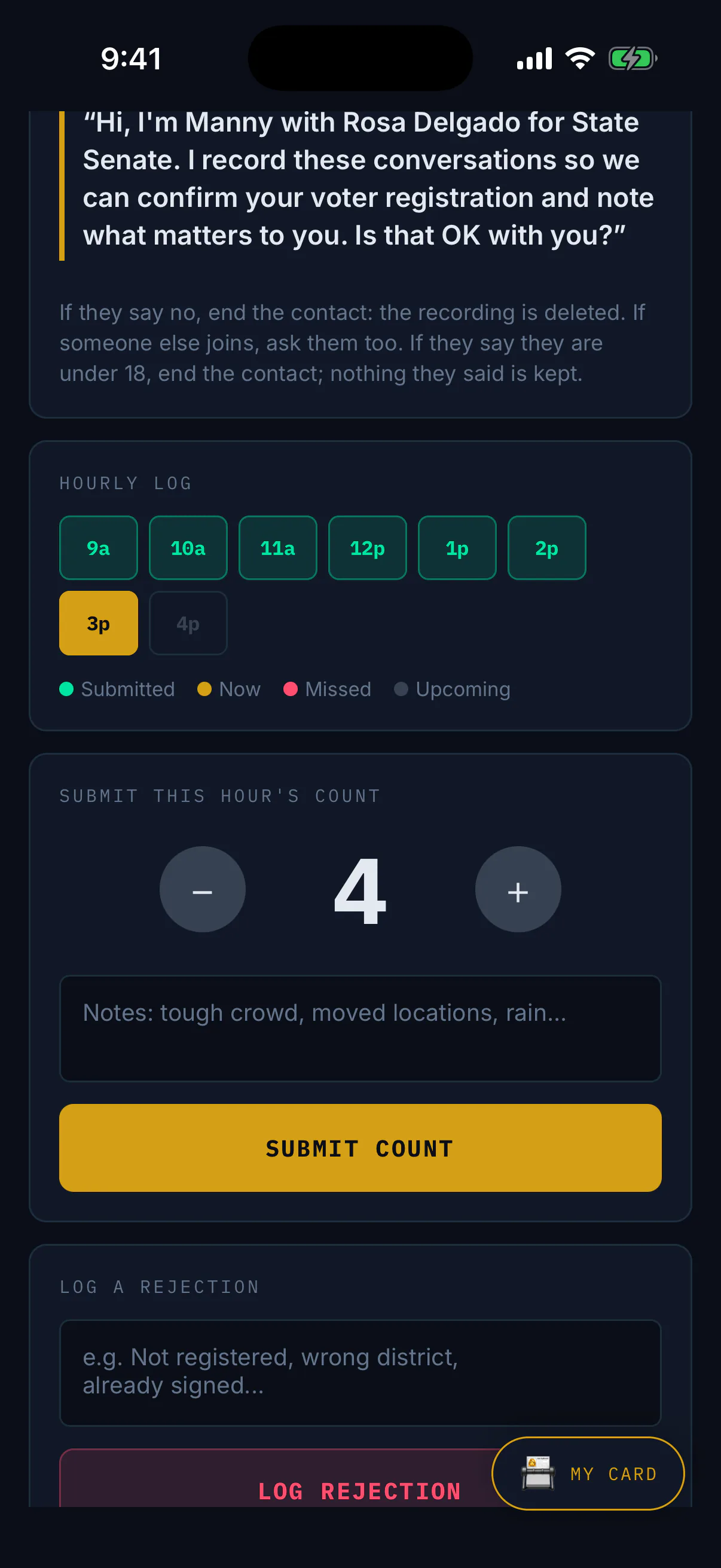 High-traffic shift screen with an hourly count card