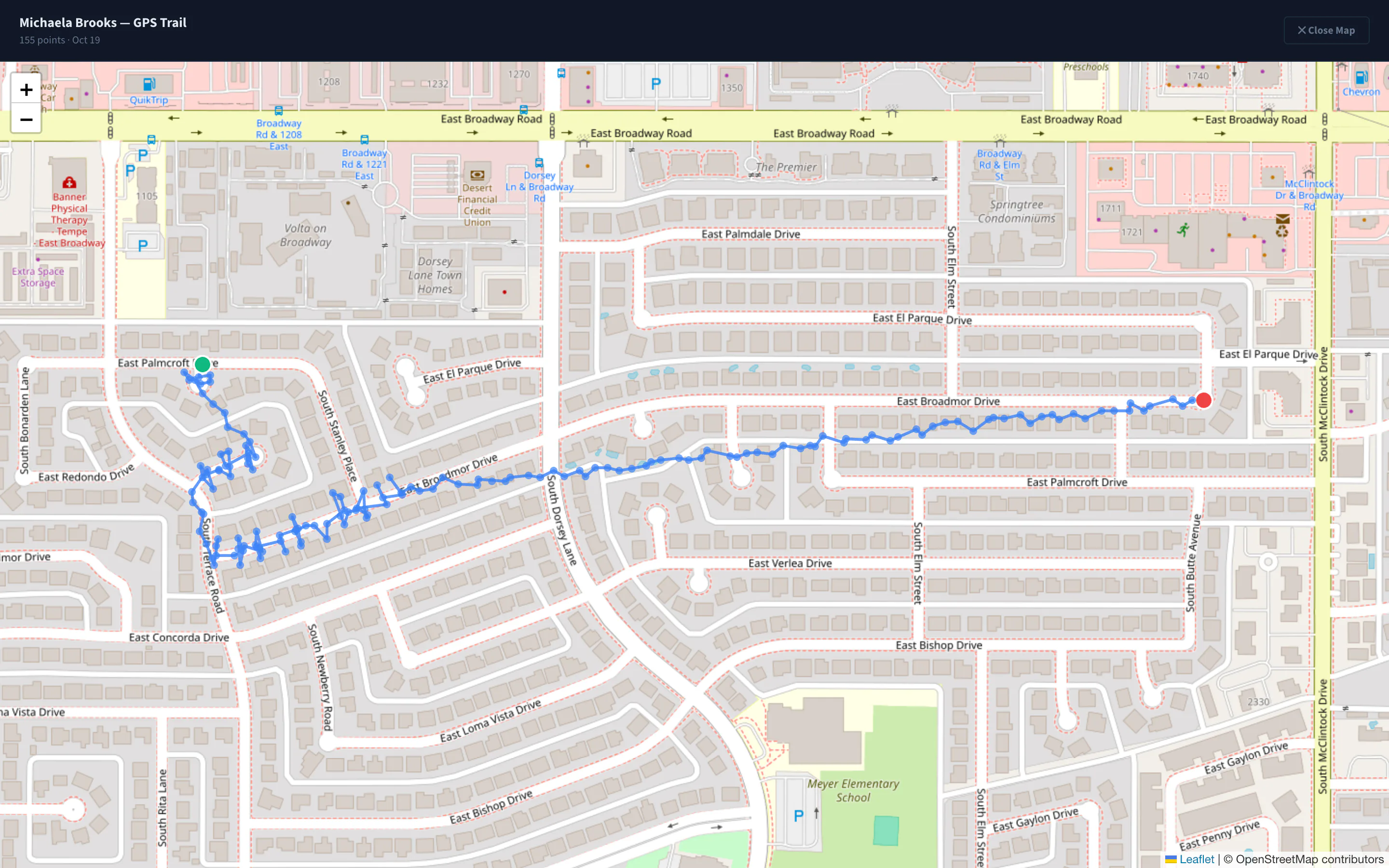 Quality Control tab with a canvasser's GPS trace open