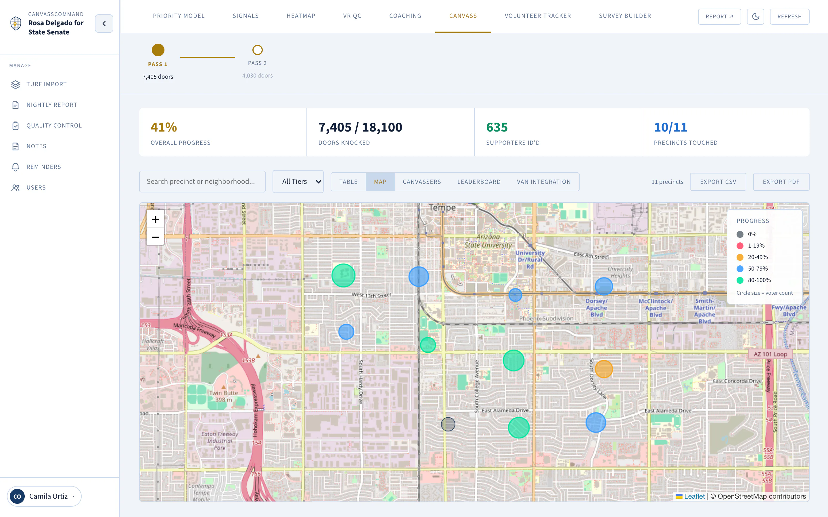The Field Ops canvass tracker: a precinct map whose circles fill green as doors are knocked
